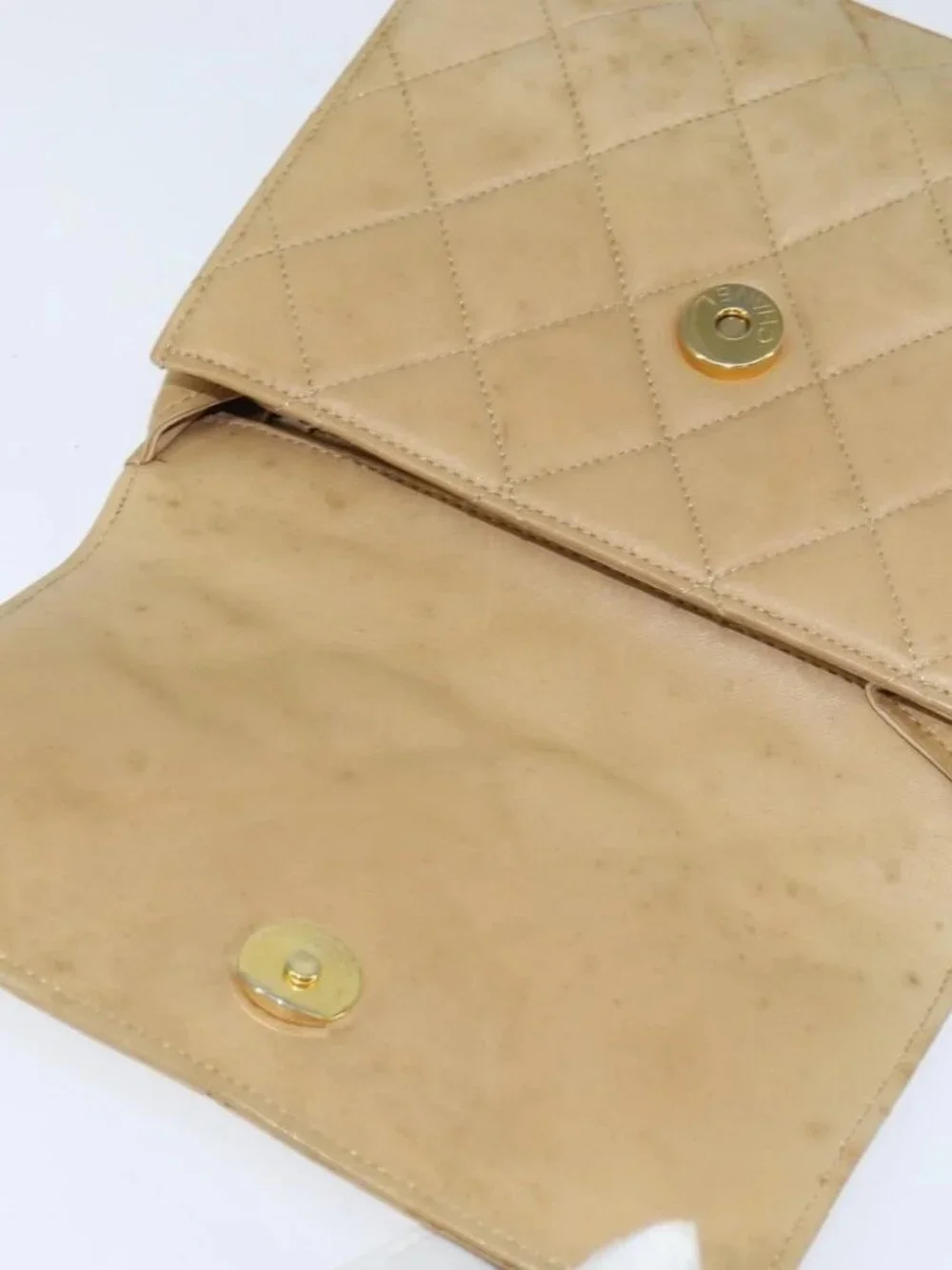 CHANEL Matelasse Chain Shoulder Bag Lamb Skin Beige Gold CC Auth 149120